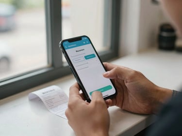 Medium shot of hands holding a smartphone showing a mobile recharge confirmation screen on a counter, natural daylight from side window, receipt printout visible beside the phone