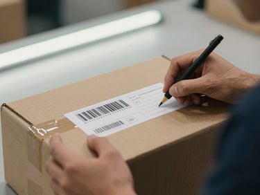Close-up of a worker's hands applying a shipping label to a cardboard box on a counter, overhead warehouse fluorescent light, tracking barcode visible, plain surface
