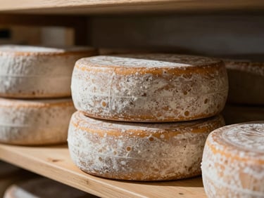 A close-up macro shot of artisanal cheese wheels stacked on a wooden shelf, natural side lighting, soft shadows.