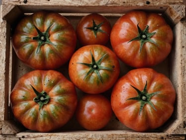 A top-down shot of organic heirloom tomatoes in a rustic wooden crate, soil flecks visible, soft morning light.