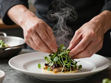 A close-up shot of a chef's hands carefully plating fresh microgreens onto a dish, steam rising from a pan in the background, natural light.