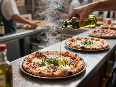 An overhead shot of a bustling food hall counter, a hand pouring olive oil over a fresh wood-fired pizza, steam rising.