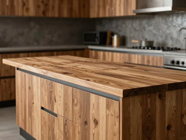 Warm editorial photography of a modern kitchen setup with oak cabinetry and integrated wooden countertops, industrial steel accents, workshop lighting, 35mm