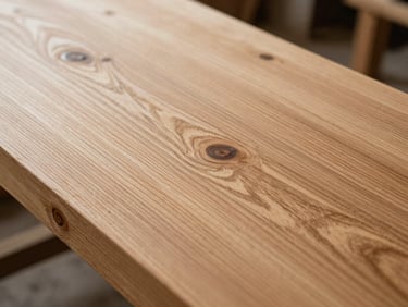 Close-up of kiln-dried oak timber grain, dramatic workshop lighting, sharp focus on wood texture