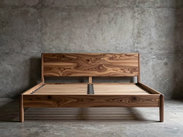 Minimalist architectural bedroom, solid walnut bed frame, raw concrete wall background, dramatic side lighting.