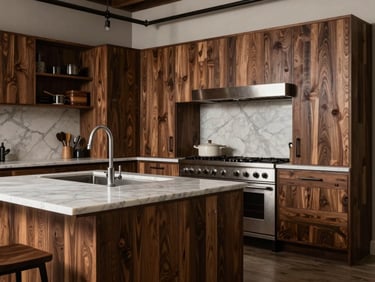 Modern kitchen setup with dark oak cabinetry, marble countertops, industrial steel accents, warm editorial photography.