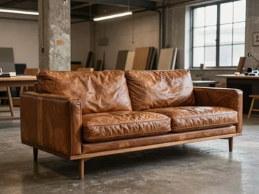 Industrial loft living room, premium leather sofa with solid wood base, concrete columns, warm lighting.