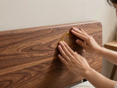 Hands applying natural oil polish to a smooth walnut wood headboard, warm editorial workshop light