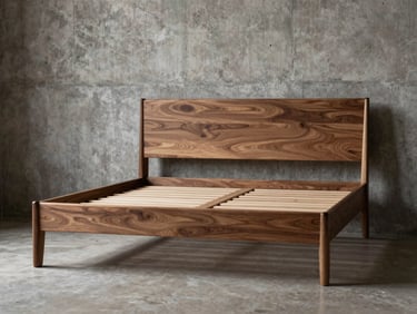 Warm editorial photography of a solid walnut bedroom set, minimalist bed frame, architectural concrete backdrop, high contrast shadow, 35mm