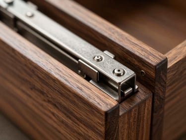 Macro close-up of a premium metal drawer slide integrated into dark walnut wood, precise joinery detail