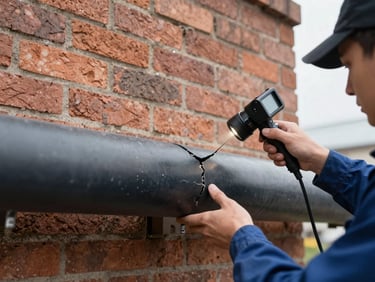 Technician's hand pointing to a crack in a flue liner during an inspection, illuminated by a camera probe, natural overcast daylight.