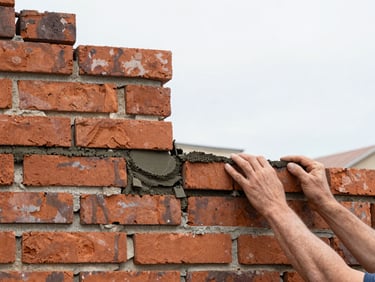 Hands of a mason performing tuckpointing on old brickwork, with new mortar being applied, natural overcast daylight.