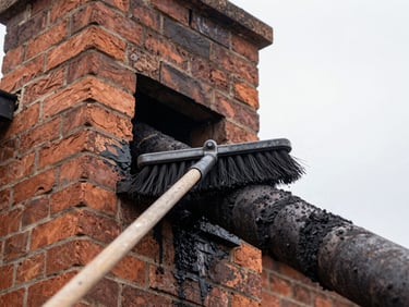 Close-up of a chimney sweep's brush removing creosote from a flue liner, dust containment visible, natural overcast daylight.