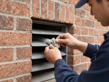 Close-up of a technician removing lint from a dryer vent hose, tools visible.