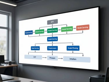 Wide shot of a data pipeline architecture diagram rendered on a large wall-mounted monitor in a low-lit engineering workspace, showing node graphs with labeled ETL stages, model serving endpoints, and stream processing layers, clean daylight from a window to the left, no people visible, technical schematic feel