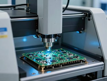 Automated optical inspection machine scanning a populated PCB on an SMT assembly line, cool clinical blue LED lighting