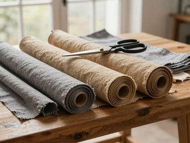 A heavy oak worktable covered in rolls of classic tan linen and muted gray cotton textiles, heavy tailor shears resting on top, soft side lighting from a large window.
