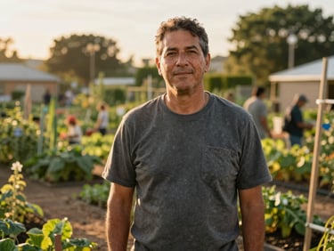 Warm environmental portrait of a local community leader standing in a sunlit community garden, looking directly at the camera with quiet confidence, 35mm lens, golden-hour light.