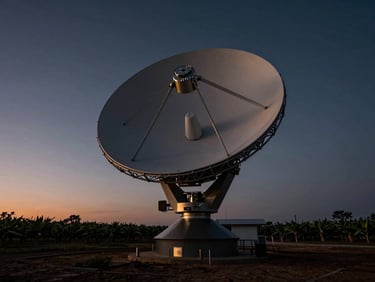 Starlink dish on a remote plantation outpost, dramatic clean twilight sky, expansive landscape, low horizon, premium dark photography.
