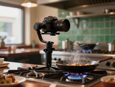 A professional camera on a compact stabilizer filming a sizzling pan over a gas flame in a busy restaurant kitchen, warm ambient light