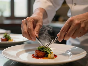 Close-up of a chef's hands carefully plating a delicate dish with tweezers under warm kitchen lights, shallow depth of field, steam rising