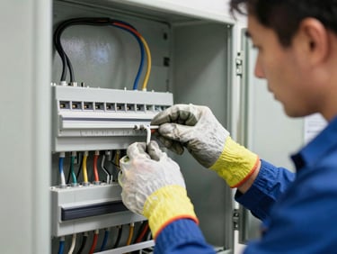 An electrician carefully connecting wires inside an open electrical panel, wearing safety gloves. Bright, high-visibility indoor work light illuminates the detailed work. Crisp documentary photography, 35mm.