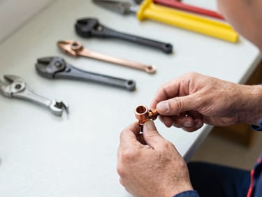 A plumber's hands expertly tightening a copper pipe connection under bright work light, with clean tools neatly arranged on a workbench in the background. Crisp documentary photography, 35mm.