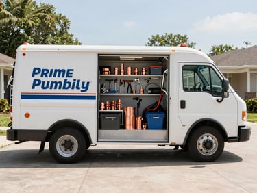 A clean, organized Prime Plumbing service truck parked in a suburban driveway, bright daylight, side door open revealing neatly stacked tools and copper fittings, wide landscape shot.