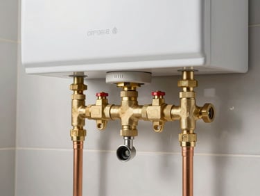 Close-up of a modern tankless water heater with clean brass valves and copper connections, bright daylight, organized layout.