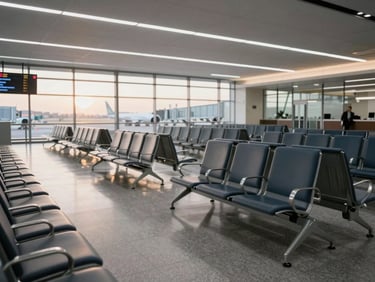 Wide shot of an empty airport departure gate at dawn, rows of vacant seats, fluorescent ceiling light casting stark white on grey floor tiles, a departure board visible in the background