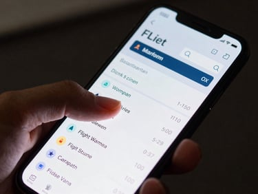 Close-up of a hand scrolling through a flight booking app on a smartphone screen, digital screen glow illuminating fingers, dark background, sharp focus on the screen interface