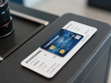 Overhead close-up of a boarding pass and a credit card mid-swipe on a dark terminal counter, clinical airport lighting, sharp focus on the transaction