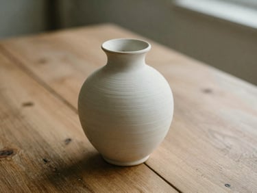 Close-up of a raw ceramic vase resting on a rough-hewn wooden table, soft side light, shallow depth of field.
