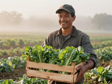 Environmental portrait of a smiling farmer holding a wooden crate of fresh leafy greens in a sunlit field, soft morning mist in the background, warm natural tones.