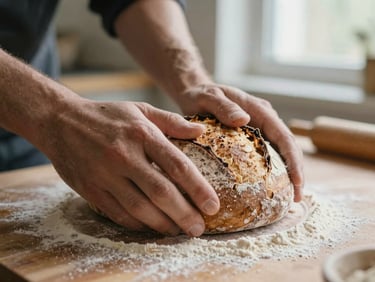 Close-up macro shot of hands kneading rustic sourdough on a flour-dusted wooden prep table in a warm kitchen, soft side window light, shallow depth of field.