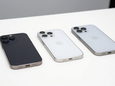 Close-up of three modern smartphones lined up on a clean white desk, bright studio lighting, sharp focus, 50mm lens