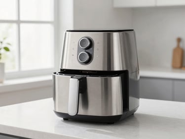 A modern stainless steel air fryer sitting on a clean kitchen counter, bright natural window light, sharp focus