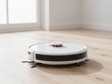 Sleek robotic vacuum cleaner gliding across a clean light wood floor, natural window light, sharp focus