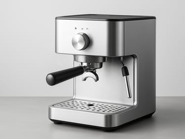 A clean modern espresso coffee maker on a gray counter, steam rising slightly