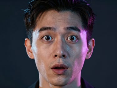 Close-up portrait of an actor with dramatic neon backlighting, intense expression of surprise, vertical 9:16 framing, sharp studio lighting, reflection of a ring light in the eyes