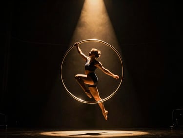 Dramatic low-angle shot of a Cyr Wheel artist spinning under a single gold spotlight, high-contrast dark mood, deep shadows, cinematic 35mm performance photography