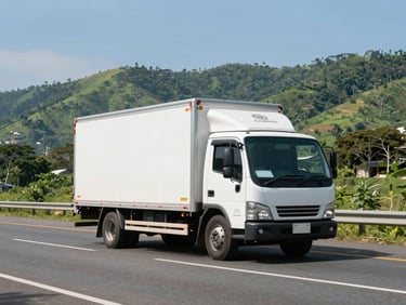 Bright daylight wide shot of a clean commercial delivery truck driving smoothly on a paved highway in Papua, surrounded by lush green hills and clear blue skies, representing mobility and administrative compliance.