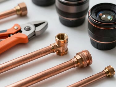 Close-up on clean copper pipes and professional tools neatly arranged on a work surface, bright daylight, crisp details, 35mm lens