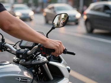 Close crop of a driver's hand gripping a motorbike handlebar at a city pickup point, late-afternoon daylight, blurred traffic visible behind, purposeful and operational