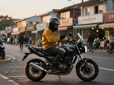 Wide landscape frame: GRide driver on motorcycle at a street-corner pickup point, helmet visor up, gloved hand checking phone screen for destination, evening golden-hour light from the left painting the tank and jacket in warm amber, busy urban shopfront row softly out of focus behind