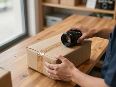 Overhead close shot of a delivery package being sealed by a merchant's hands on a wooden counter, window light from the left, shop shelves softly blurred in background