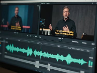 Close-up of a professional video editing timeline showing audio waveforms and a vertical 9:16 video preview of a pastor speaking, sharp gold on-screen captions, moody dark studio lighting