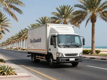 A clean, branded moving truck driving down a wide, palm-lined coastal road in Ras Al Khaimah, clear blue sky, bright daylight.