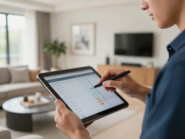 Close-up of a professional moving coordinator using a digital tablet to catalog items in a bright, modern villa living room, natural light.
