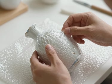 Close-up of hands carefully wrapping a delicate ceramic ornament in thick protective bubble wrap, clean workspace, natural daylight.